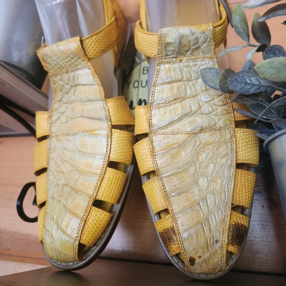 Belvedere Fabrizio Yellow Crocodile Lizard Leather Exotic Fisherman Sandals 9.5